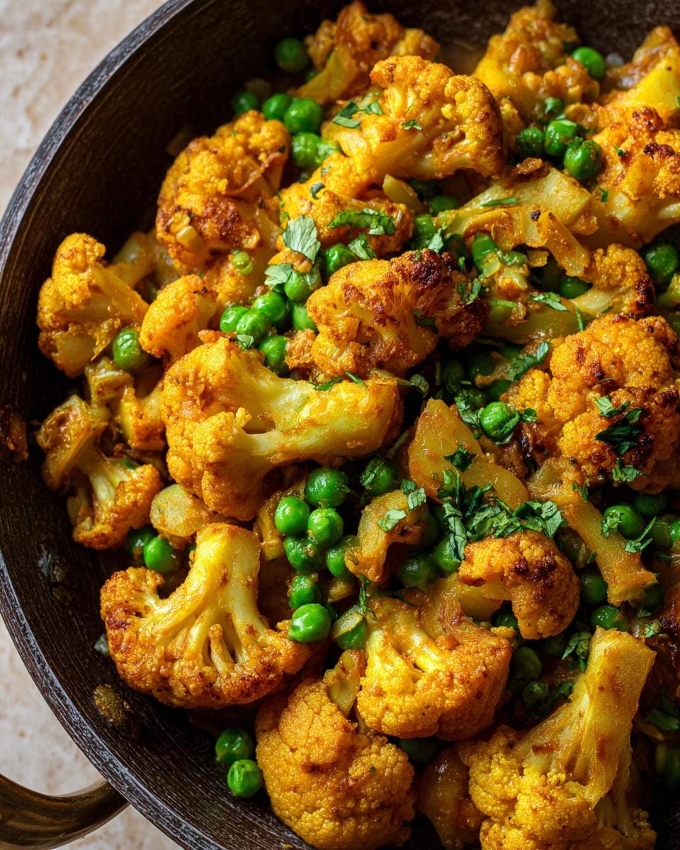 Close-up of Blumenkohlcurry mit Erbsen in a dark pan, showing cauliflower, peas, and herbs.