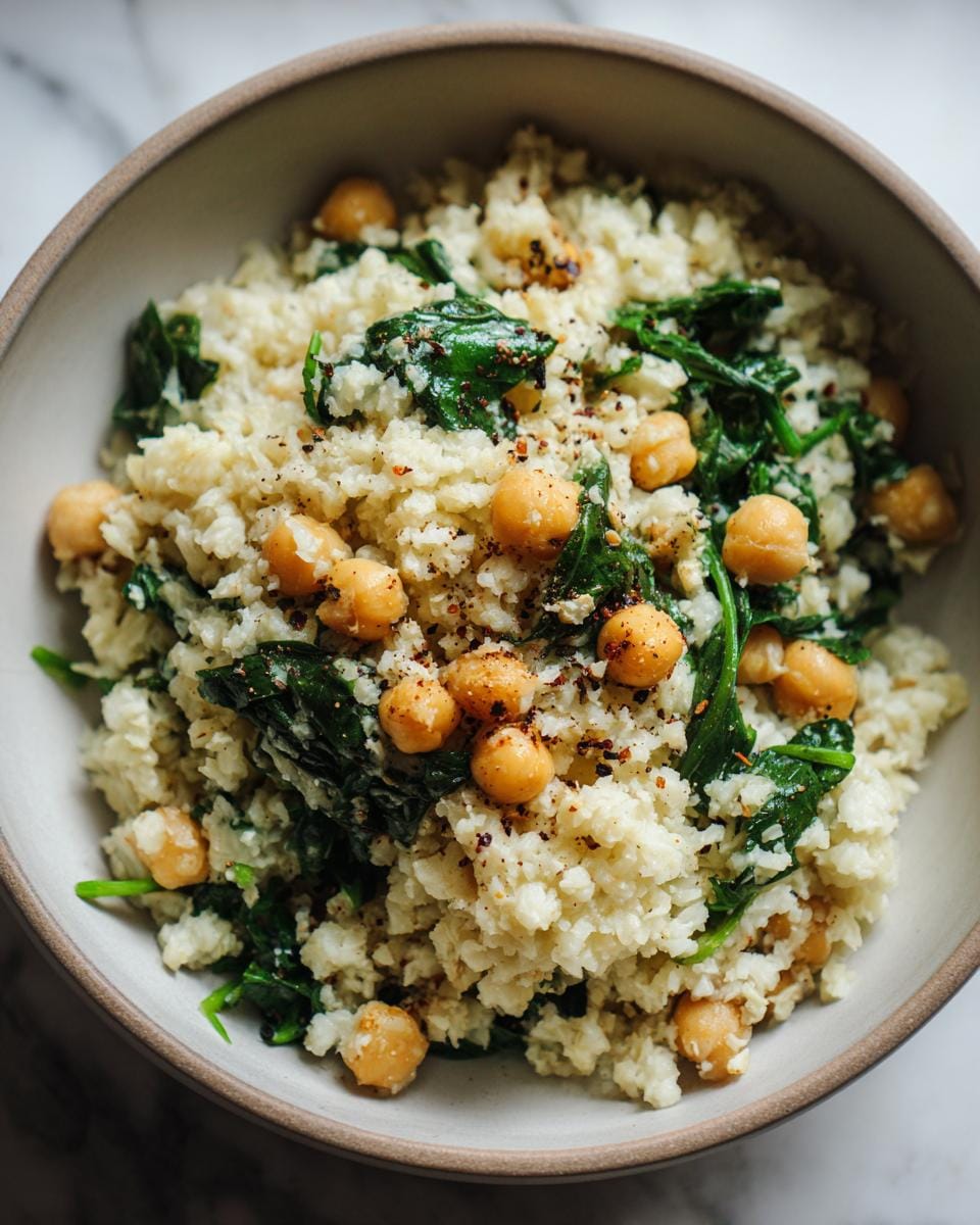 Close-up of a bowl of Blumenkohlreis mit Kichererbsen und Spinat, a German cauliflower rice dish with chickpeas and spinach.