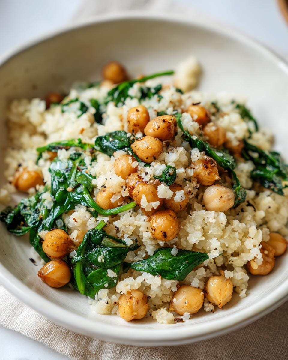 A bowl of Blumenkohlreis mit Kichererbsen und Spinat, featuring cauliflower rice, chickpeas, and spinach.