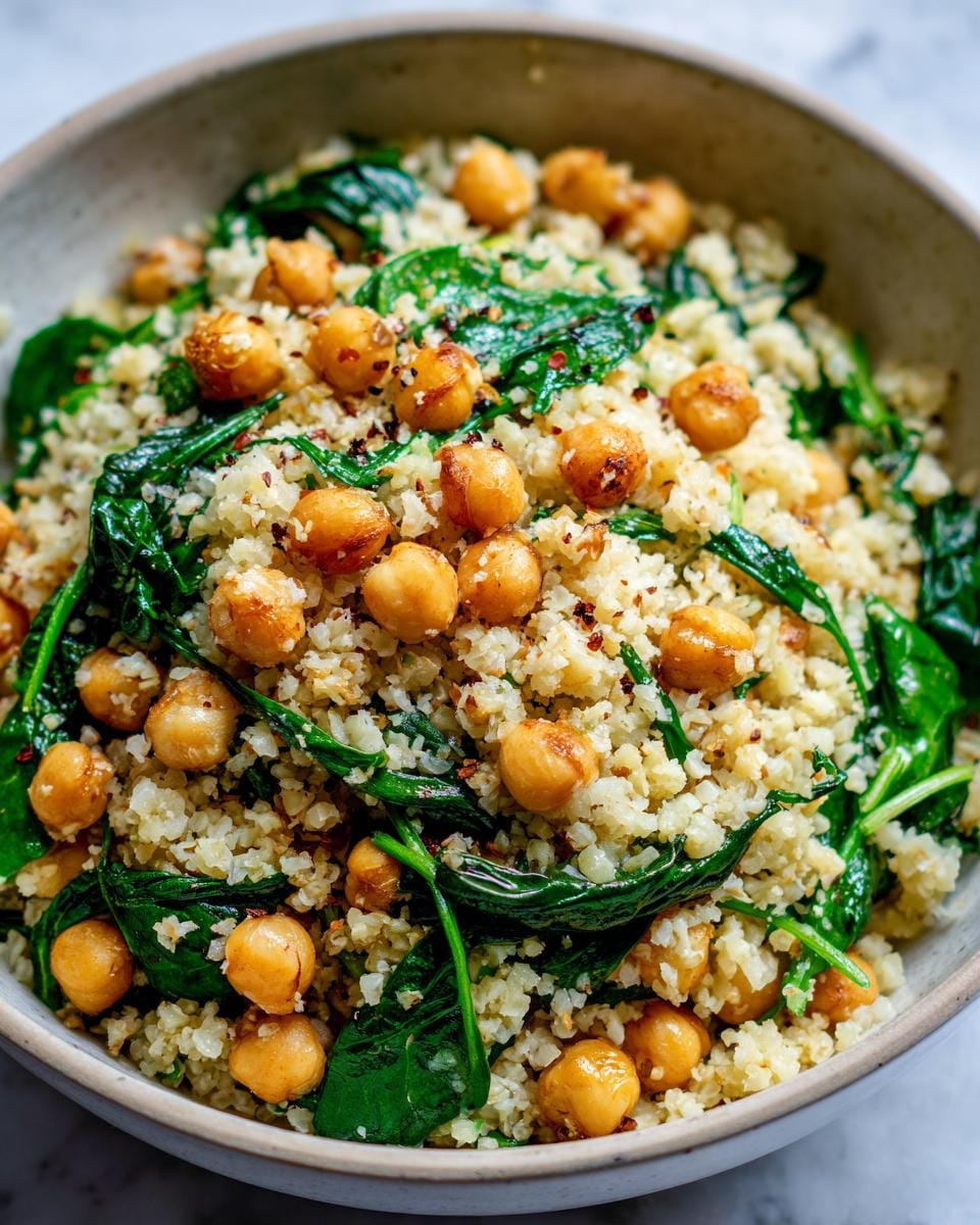 Bowl of Blumenkohlreis mit Kichererbsen und Spinat, a German cauliflower rice dish with chickpeas and spinach.