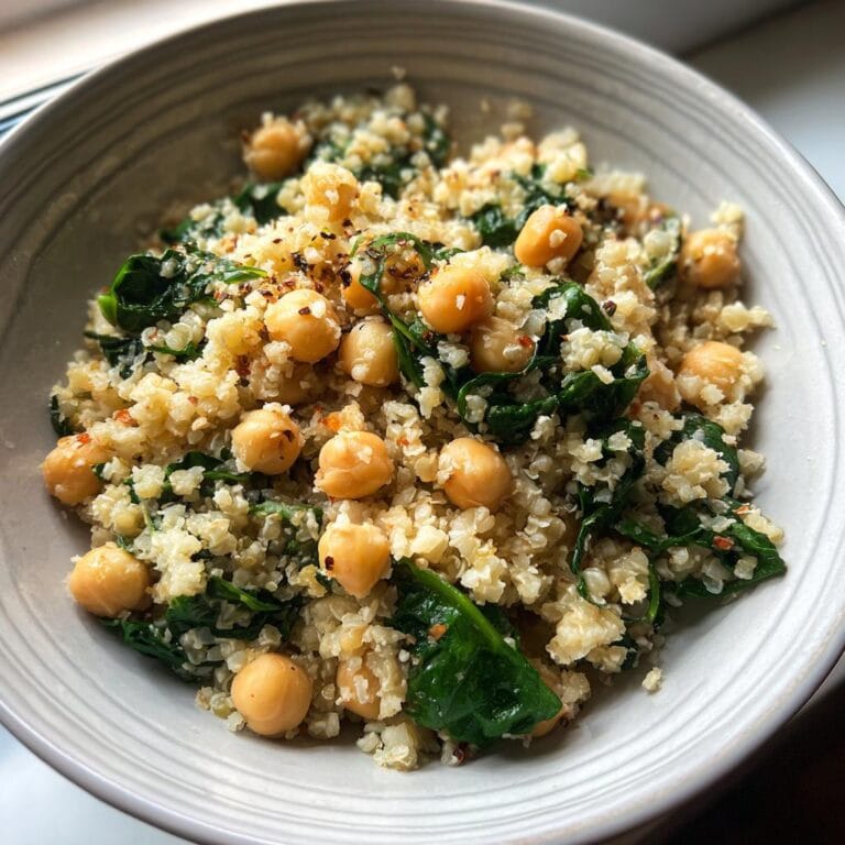 Bowl of Blumenkohlreis mit Kichererbsen und Spinat, a delicious and healthy German dish.
