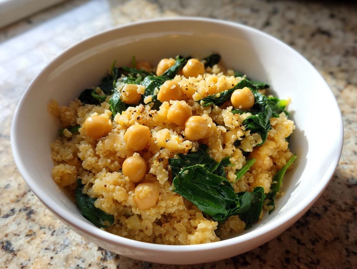 A bowl of Blumenkohlreis mit Kichererbsen und Spinat, a healthy and delicious German dish.