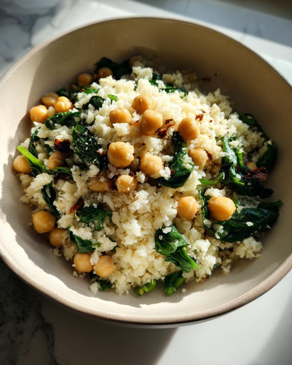 Close-up of Blumenkohlreis mit Kichererbsen und Spinat in a bowl, showing the cauliflower rice, chickpeas, and spinach.