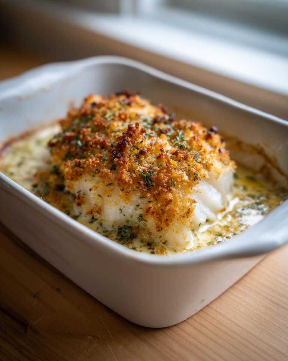 Nahaufnahme von Boston Gebackener Kabeljau in einer weißen Auflaufform, mit Kräutern garniert.