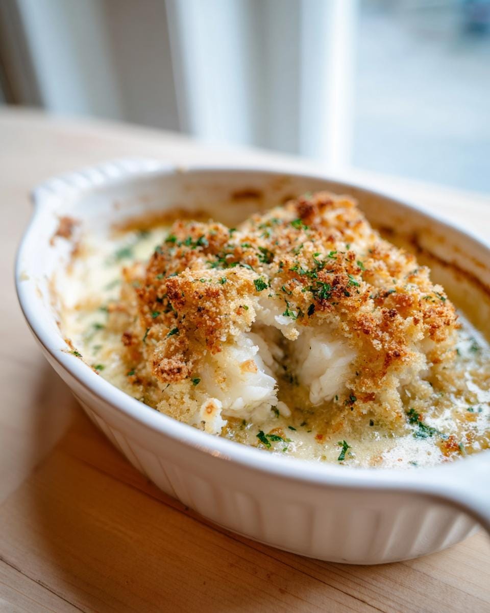 Nahaufnahme von Boston Gebackener Kabeljau in einer weißen Auflaufform, garniert mit Kräutern.