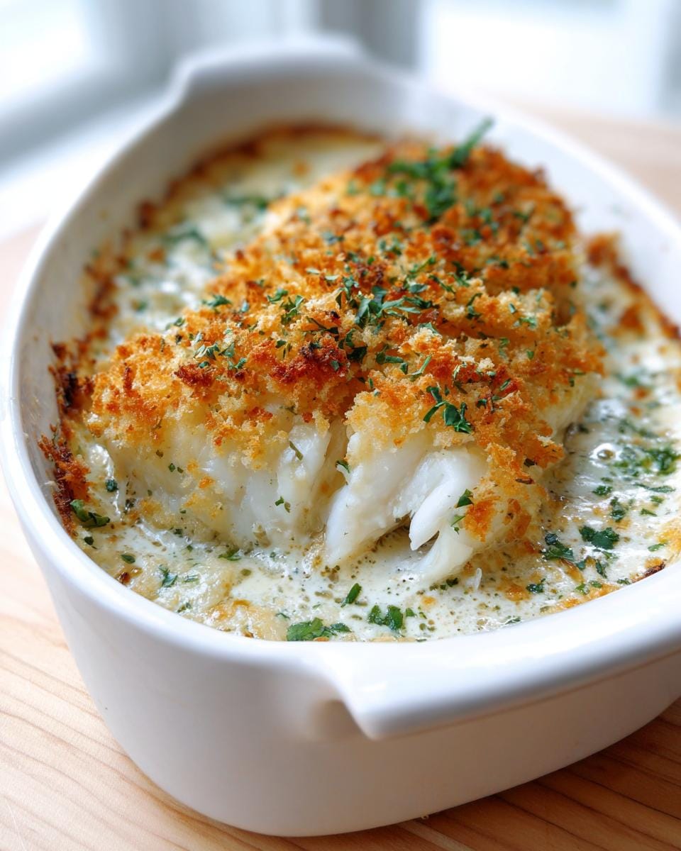 Nahaufnahme von Boston Gebackener Kabeljau in einer weißen Auflaufform, mit Kräutern garniert.