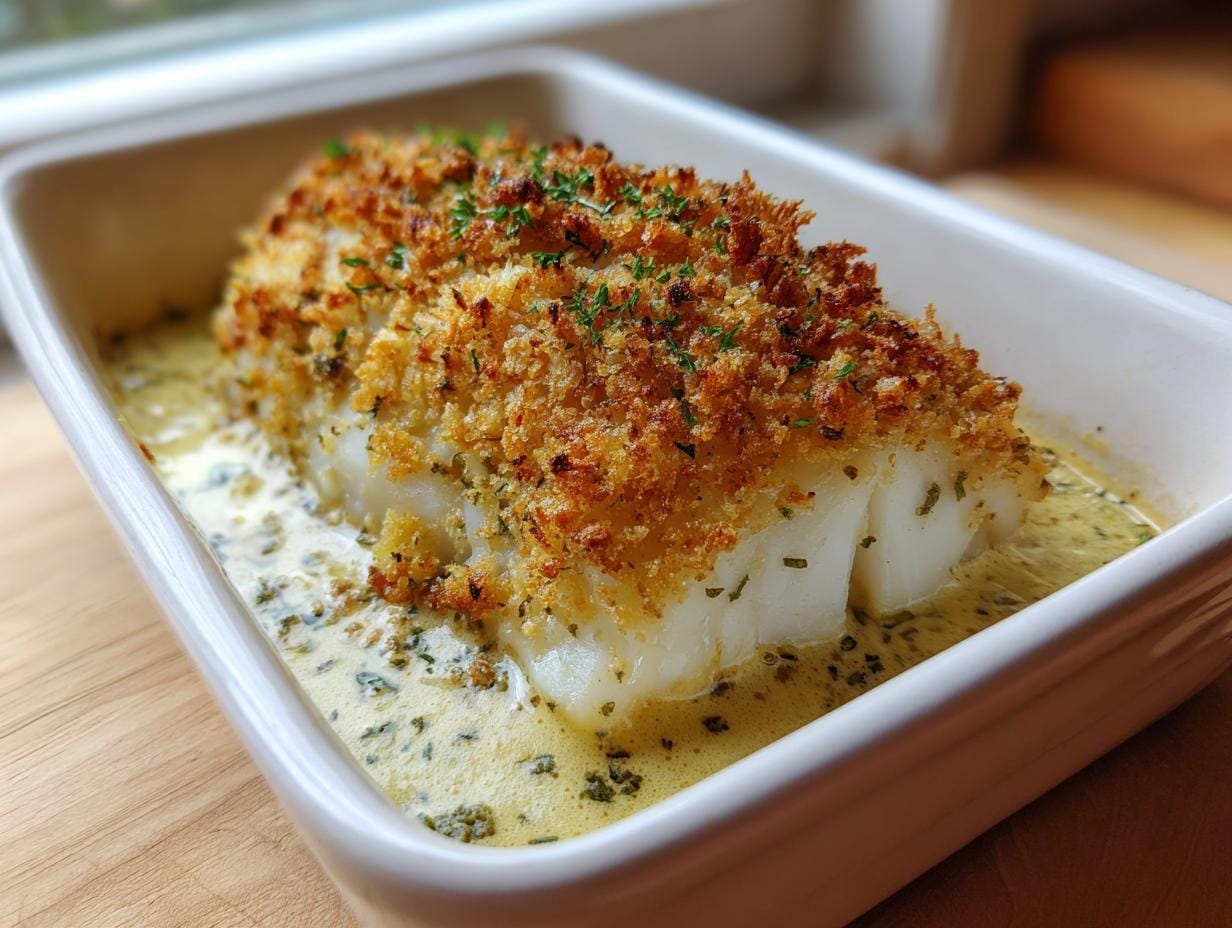 Nahaufnahme von Boston Gebackener Kabeljau in einer Auflaufform mit Kräutern und Kruste.