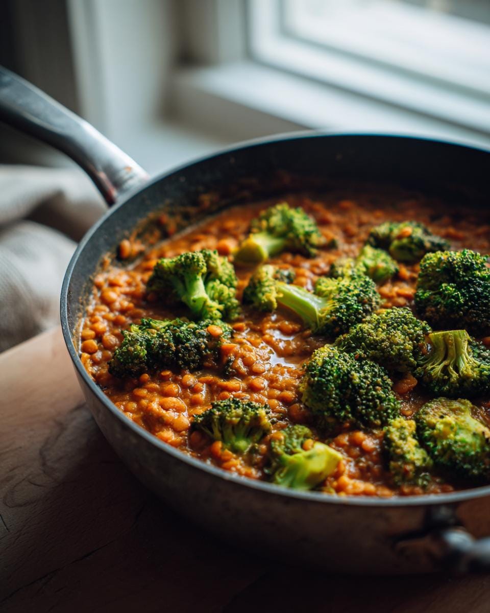 Nahaufnahme von Brokkolicurry mit roten Linsen, serviert in einer Pfanne auf einem Holztisch.
