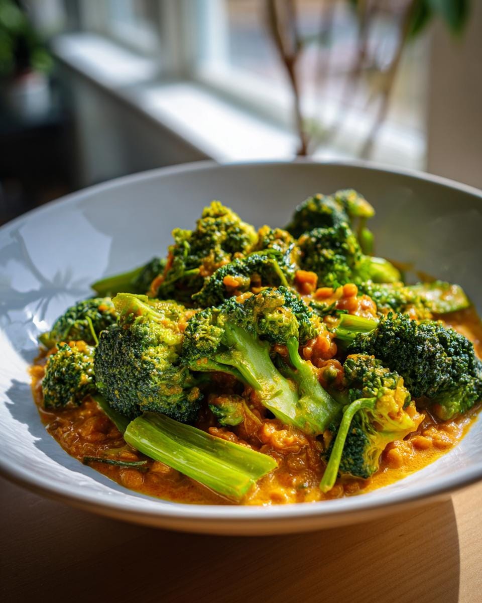 Nahaufnahme von Brokkolicurry mit roten Linsen in einer weißen Schüssel, servierfertig.