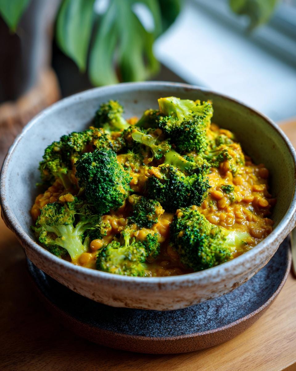 Nahaufnahme von Brokkolicurry mit roten Linsen, serviert in einer Schüssel auf einem Holztisch.