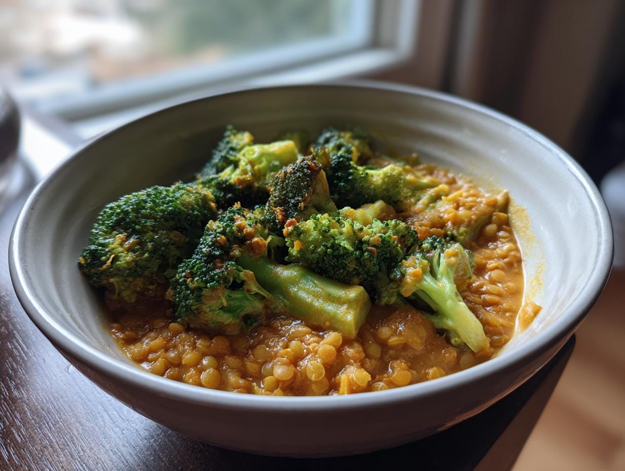 Nahaufnahme einer Schüssel mit Brokkolicurry mit roten Linsen, servierfertig.