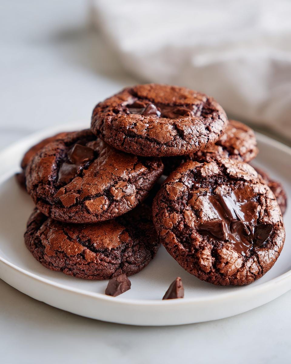 A stack of delicious, fudgy Brownie-Cookies mit Kakao on a white plate.