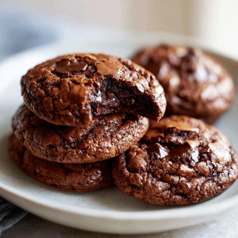 A stack of tempting Brownie-Cookies mit Kakao, one with a bite taken out revealing a gooey center.