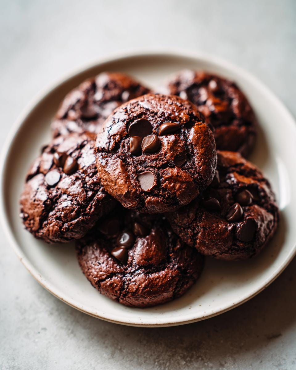 Nahaufnahme von Brownie-Cookies mit Kakao auf einem Teller. Die Cookies sind schokoladig und mit Schokoladenstückchen belegt.