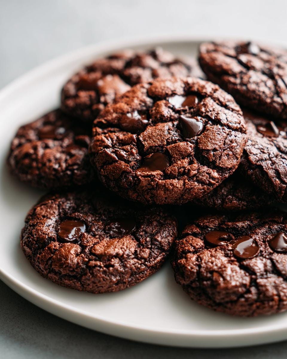 Nahaufnahme von Brownie-Cookies mit Kakao auf einem weißen Teller, perfekt für einen süßen Genuss.