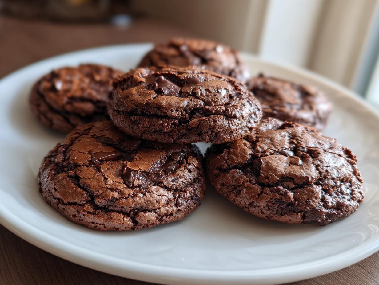 Nahaufnahme von Brownie-Cookies mit Kakao auf einem weißen Teller, perfekt für einen süßen Genuss.