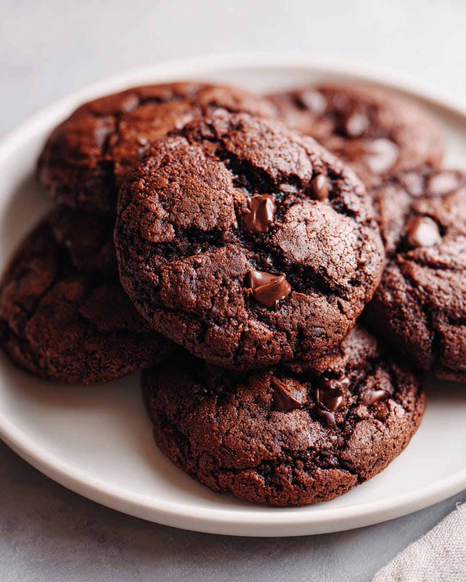 Close-up of several Brownie-Cookies mit Kakao stacked on a white plate, showing chocolate chips.