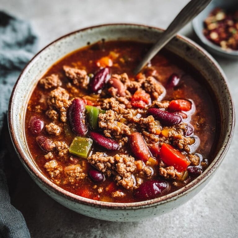 A bowl of Chili con Carne Suppe featuring ground meat, kidney beans, and colorful vegetables.