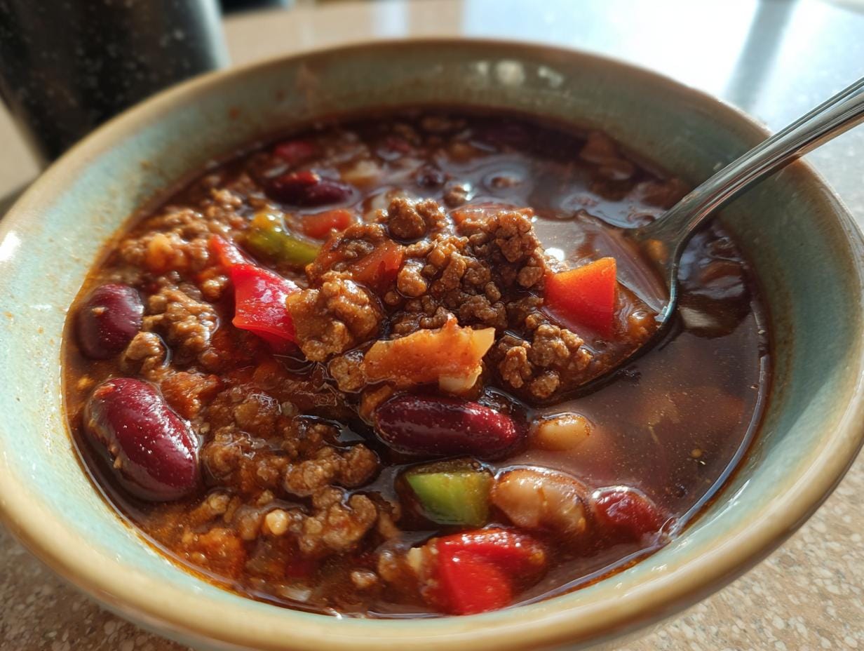 A bowl of Chili con Carne Suppe with ground beef, beans, and peppers, ready to eat.