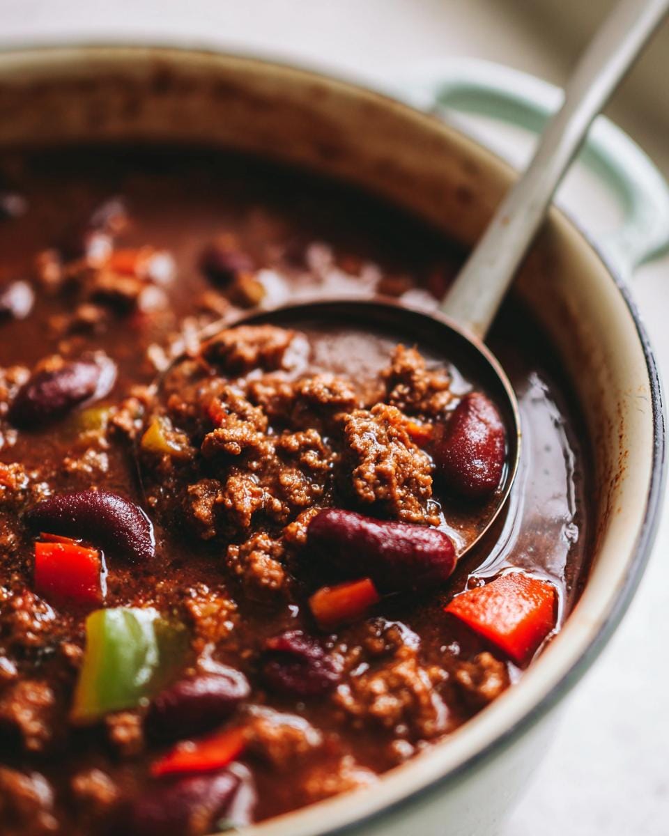 Close-up of Chili con Carne Suppe with ground beef, kidney beans, and peppers in a pot.