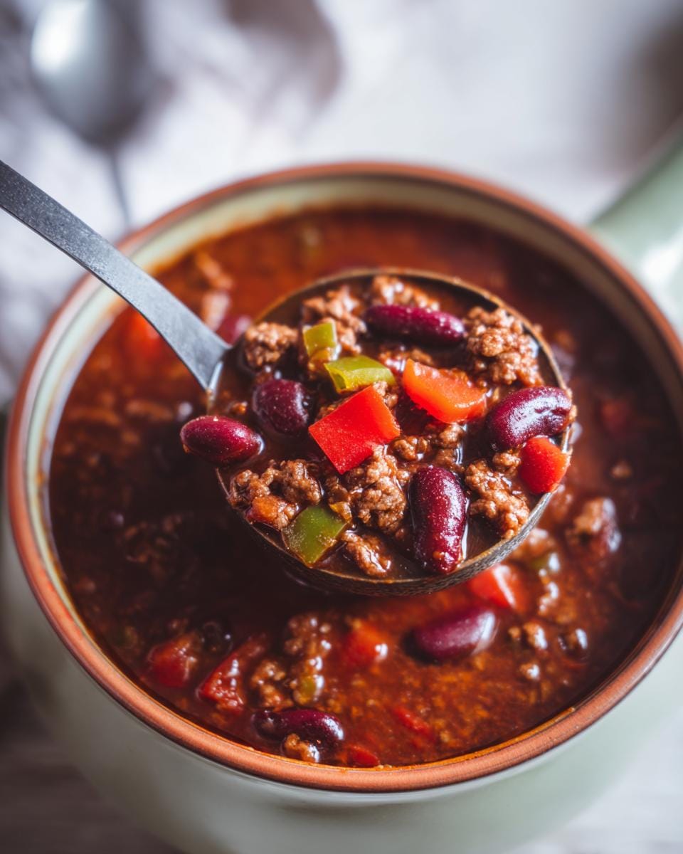 A ladle full of Chili con Carne Suppe, showcasing the beans, ground meat, and peppers.