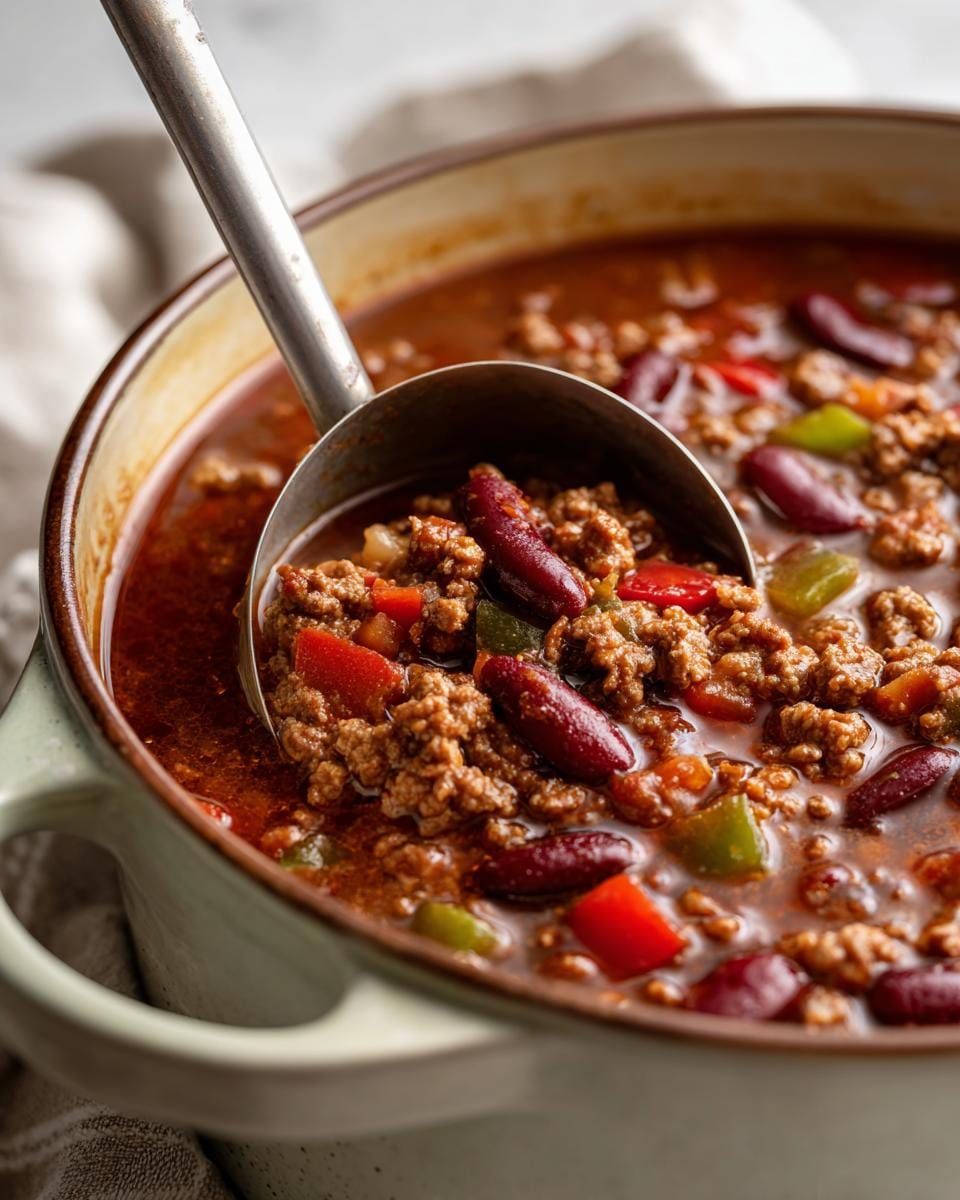Close-up of Chili con Carne Suppe with ground beef, kidney beans, and peppers in a pot with a ladle.