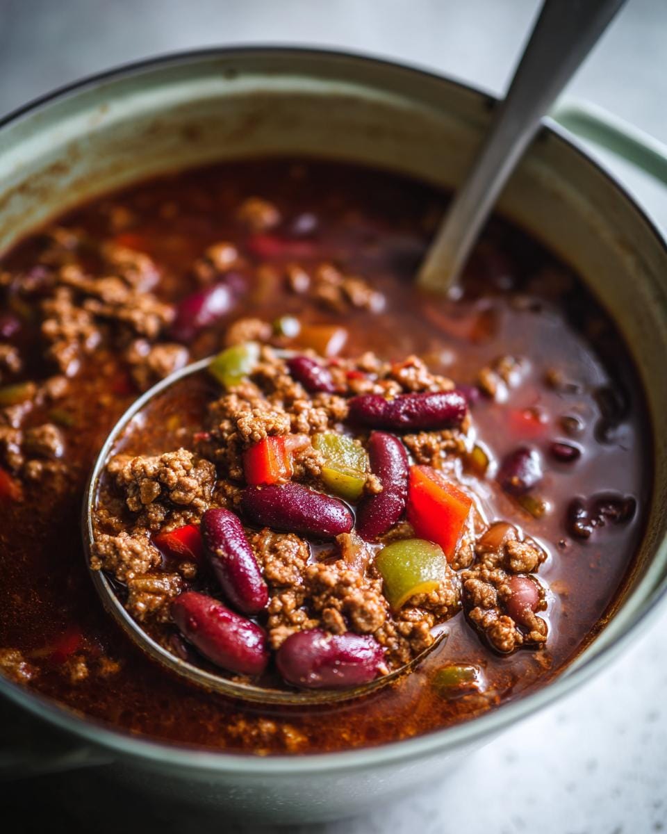 Close-up of Chili con Carne Suppe in a pot, showing ground meat, kidney beans, and peppers.