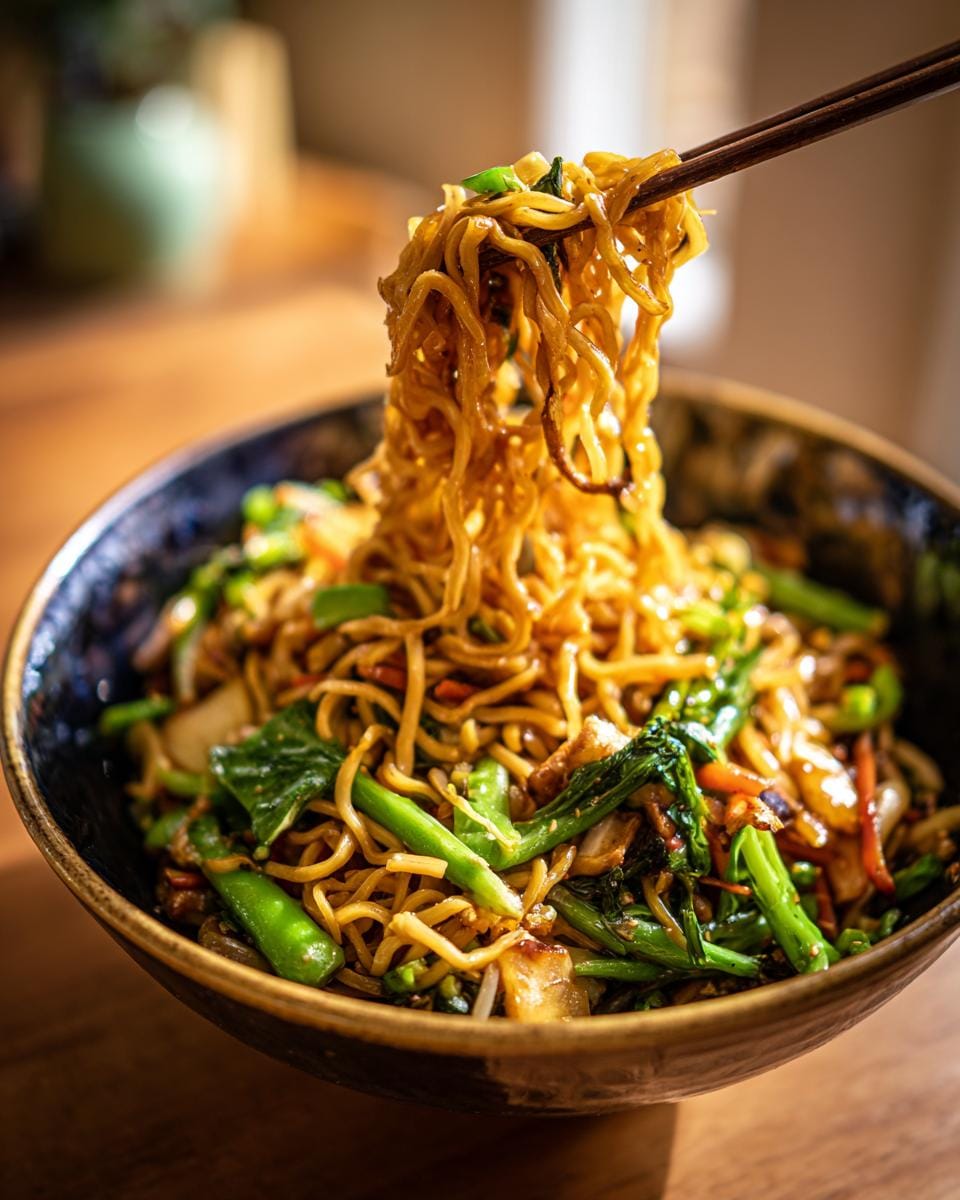 Close-up of Chinesisch gebratene Nudeln in a bowl, with chopsticks lifting a portion of the noodles.