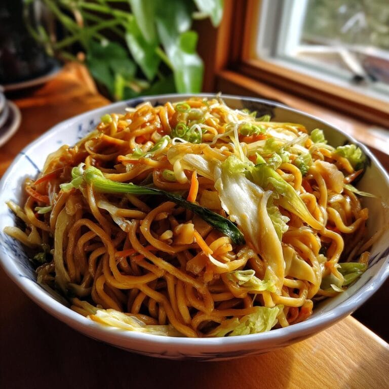 Bowl of Chinesisch gebratene Nudeln with cabbage, carrots, and scallions, ready to eat.