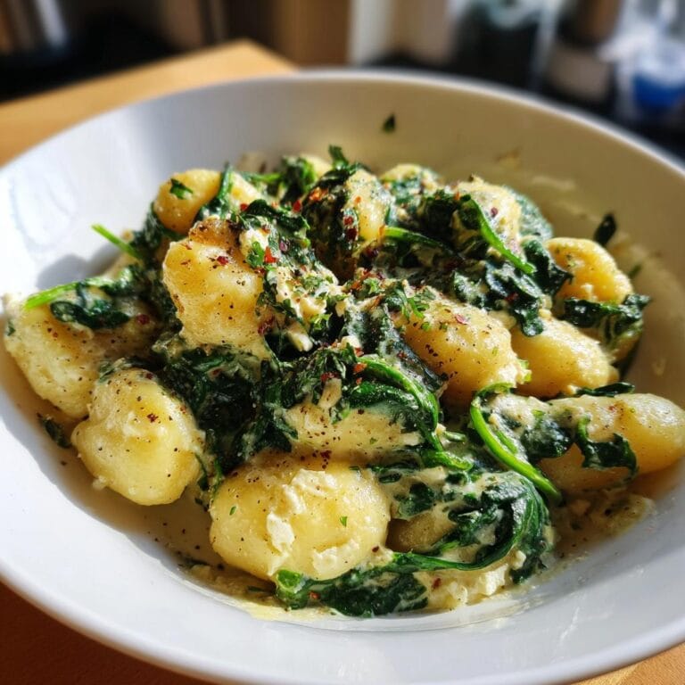 Bowl of Cremige Gnocchi mit Spinat und Feta Rezept, garnished with herbs and spices.