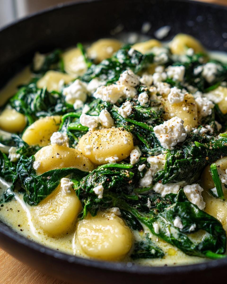 Close-up of Cremige Gnocchi mit Spinat und Feta Rezept in a pan, topped with black pepper.