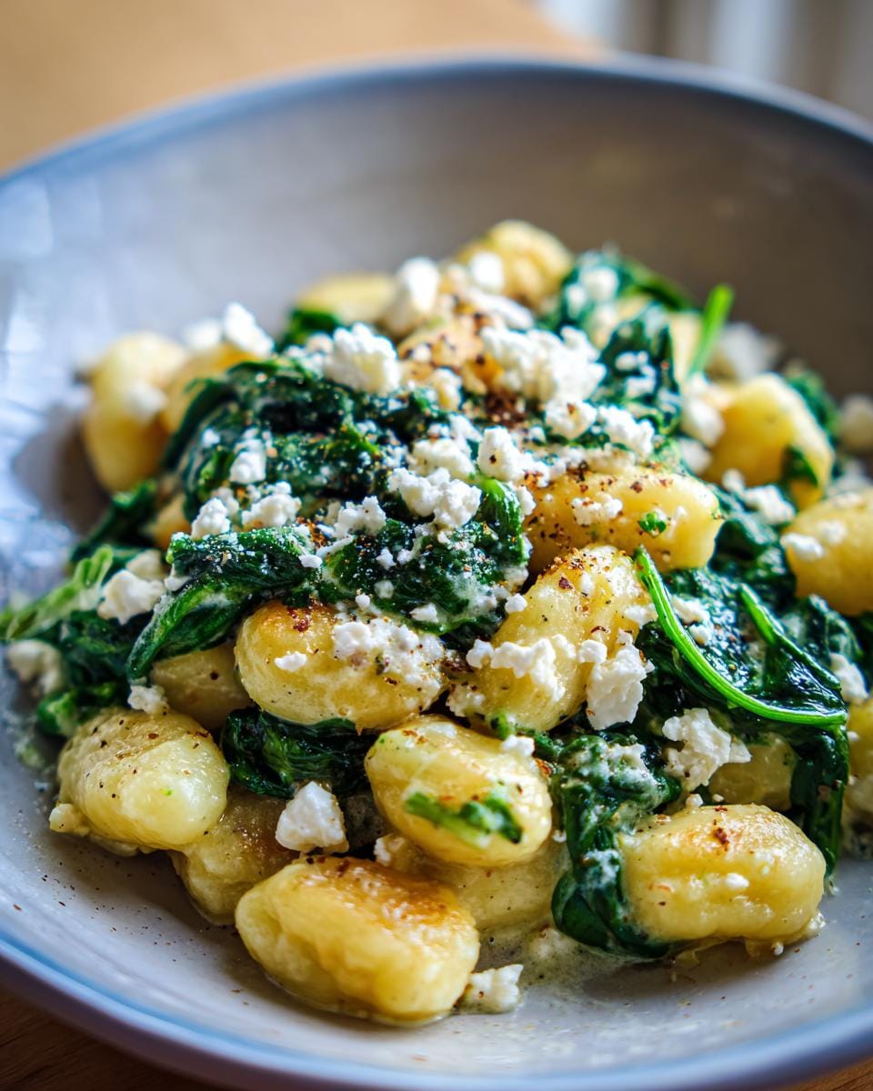 Delicious Cremige Gnocchi mit Spinat und Feta Rezept in a bowl, ready to eat.