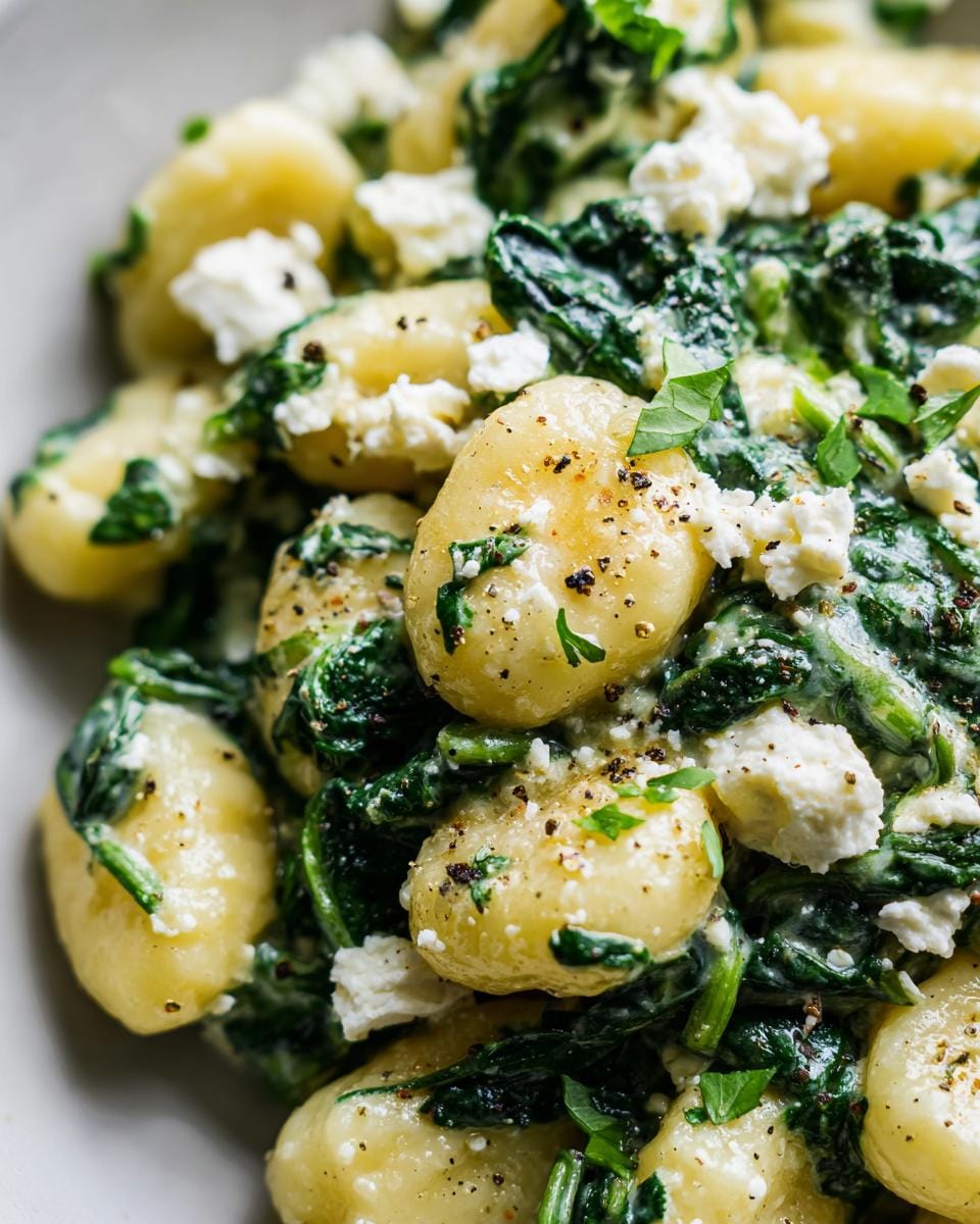 Close-up of Cremige Gnocchi mit Spinat und Feta Rezept, showing creamy sauce, spinach, and feta cheese.