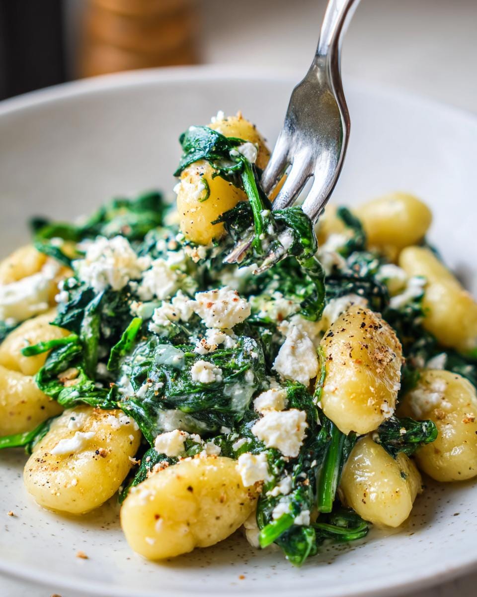 Close-up of Cremige Gnocchi mit Spinat und Feta Rezept on a fork, ready to eat.
