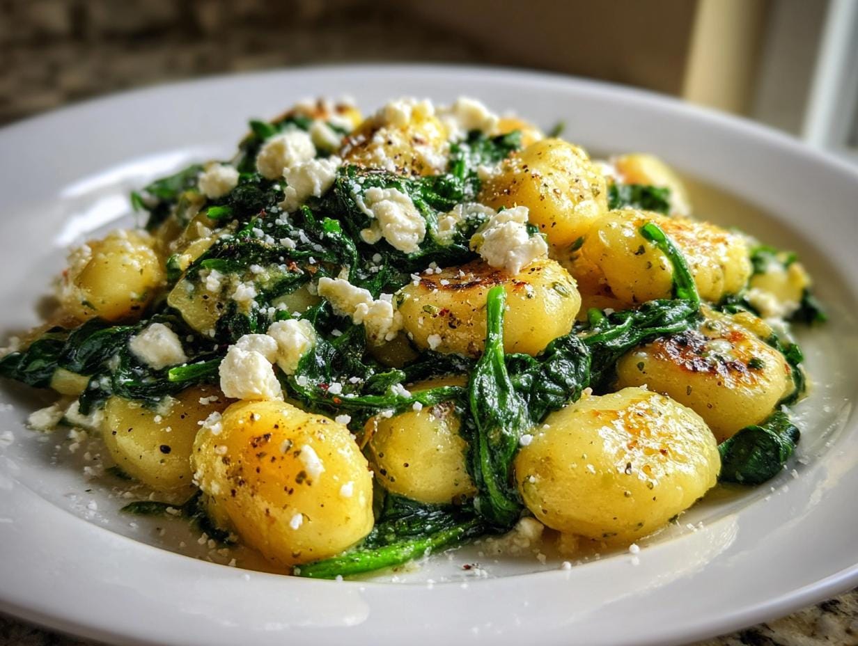 Close-up of Cremige Gnocchi mit Spinat und Feta Rezept on a white plate, showing gnocchi, spinach, and feta cheese.