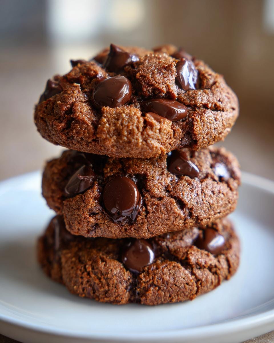 A stack of three Doppelte Schokokekse (double chocolate cookies) topped with chocolate chips.