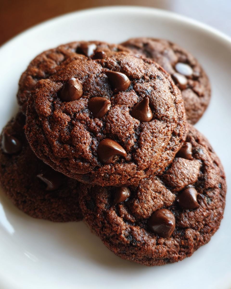 A stack of freshly baked Doppelte Schokokekse (double chocolate cookies) on a white plate, ready to eat.