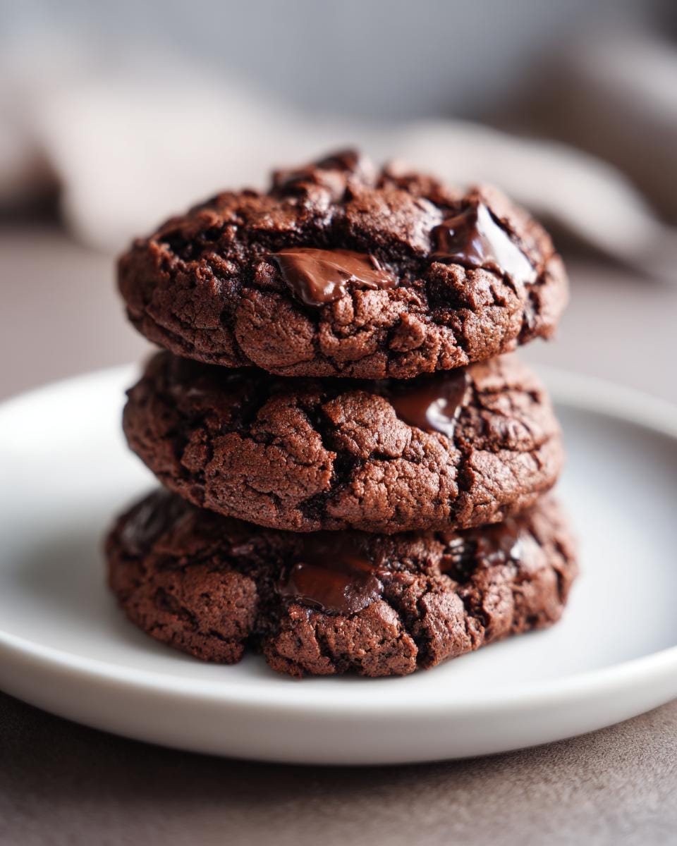A stack of three Doppelte Schokokekse (double chocolate cookies) on a white plate, showing melted chocolate chunks.