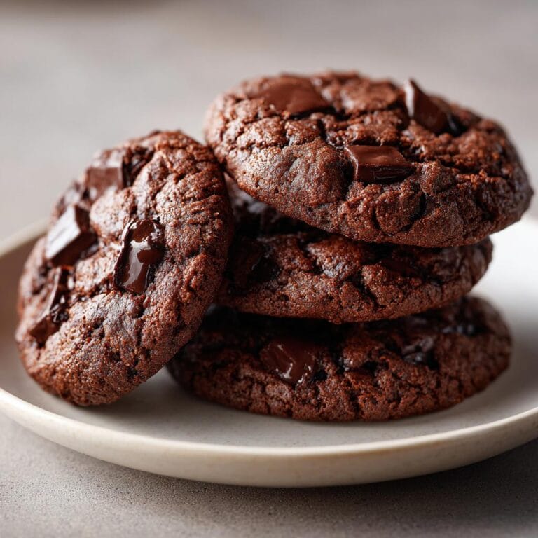 A stack of delicious Doppelte Schokokekse (double chocolate cookies) on a plate.