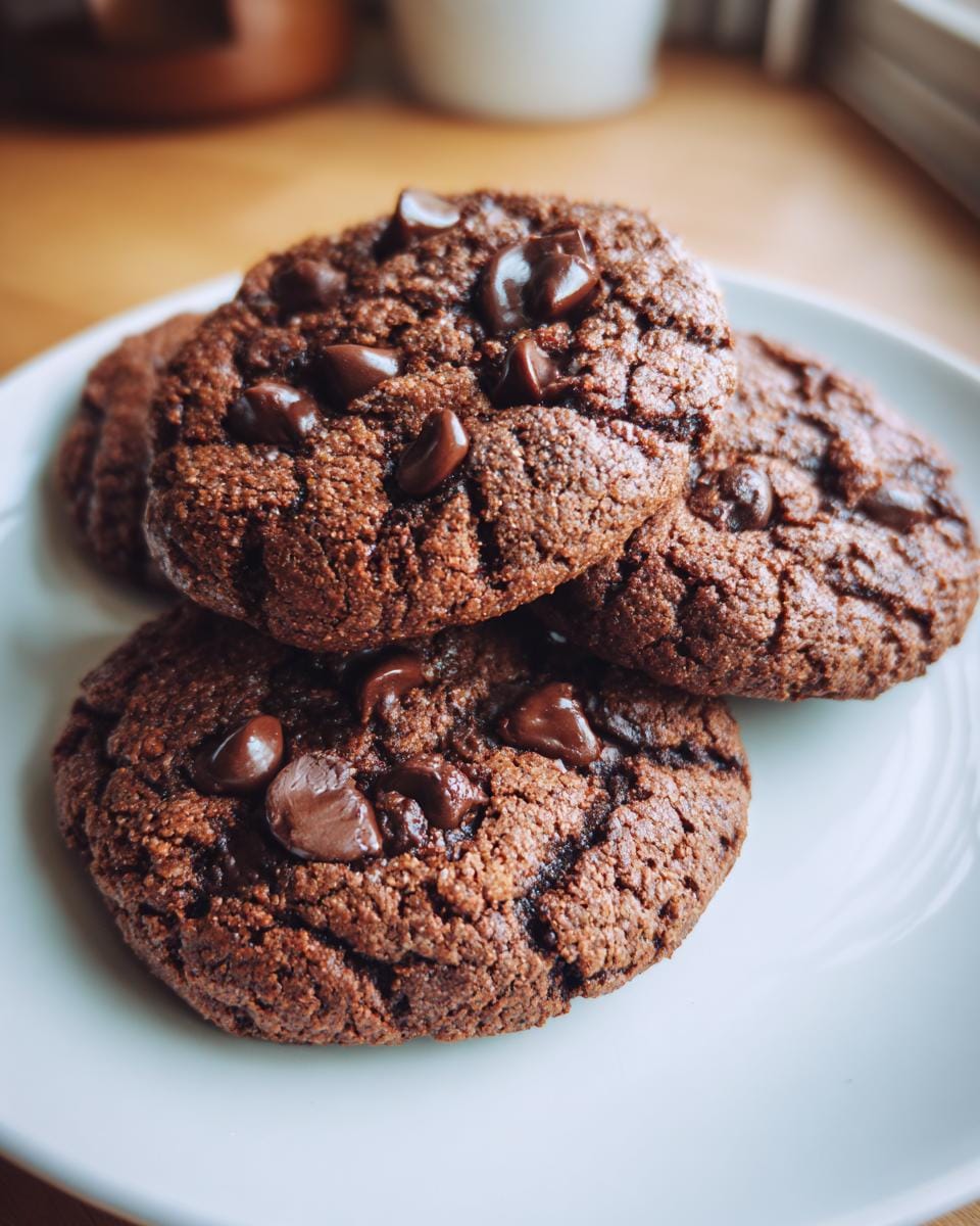 A stack of three Doppelte Schokokekse, or double chocolate cookies, on a white plate.