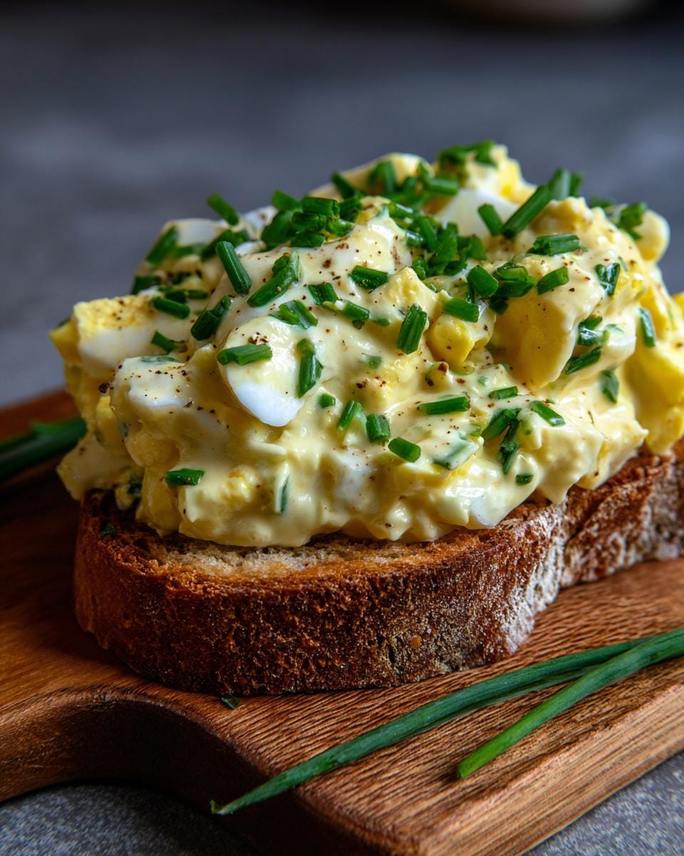 Close-up of Eiersalat mit Schnittlauch & Senfcreme (egg salad with chives and mustard cream) on a slice of toasted bread.