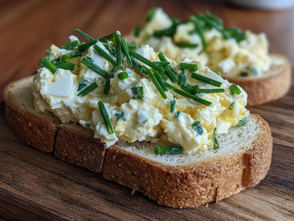 Eiersalat mit Schnittlauch & Senfcreme on a slice of bread, garnished with fresh chives.