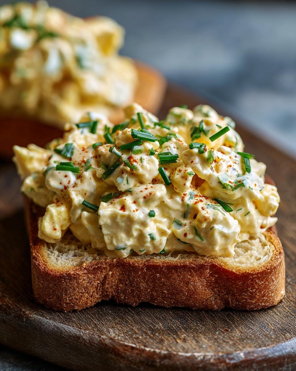 Nahaufnahme von Eiersalat mit Schnittlauch & Senfcreme auf einer Brotscheibe, garniert mit frischem Schnittlauch.