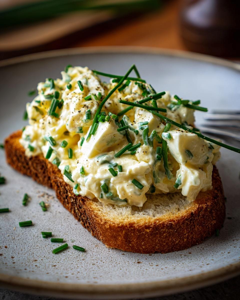 A slice of toast topped with creamy Eiersalat mit Schnittlauch & Senfcreme, garnished with fresh chives.