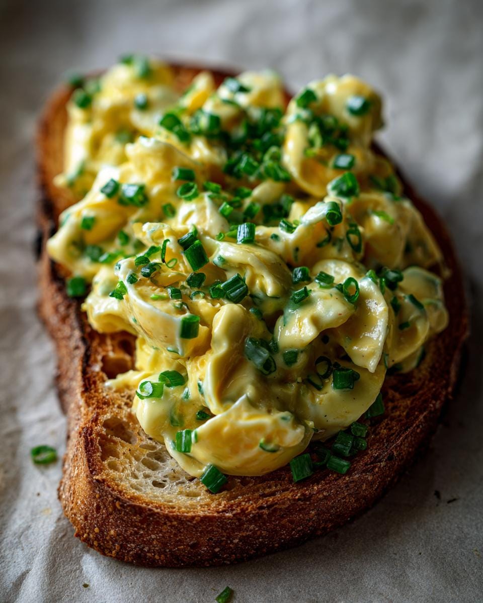 Close-up of Eiersalat mit Schnittlauch & Senfcreme on a slice of toasted bread, garnished with fresh chives.