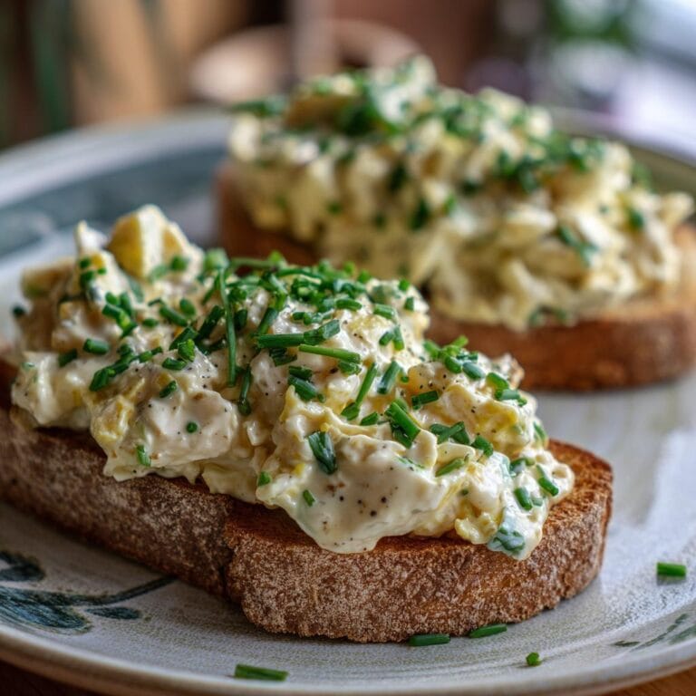 Two slices of toast topped with creamy Eiersalat mit Schnittlauch & Senfcreme, garnished with fresh chives.