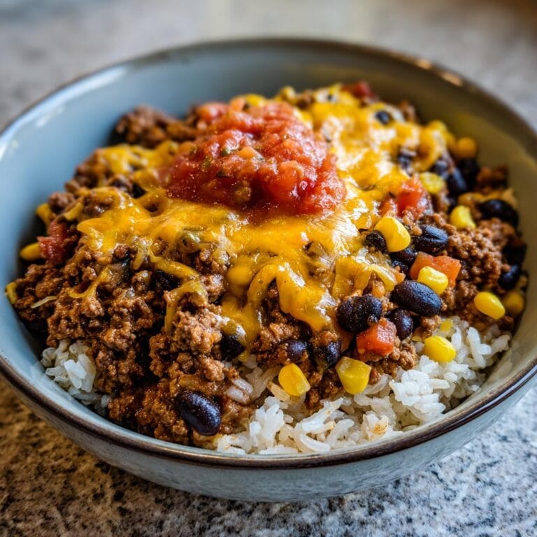 Nahaufnahme einer Einfache Taco-Reis-Bowl mit Reis, Hackfleisch, Käse, Salsa, Mais und schwarzen Bohnen.