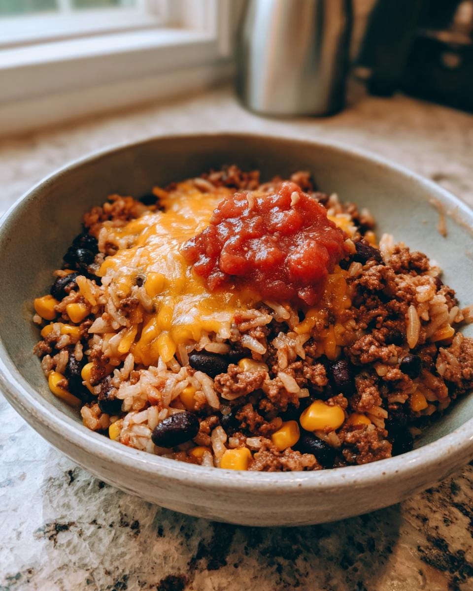 Nahaufnahme einer Einfache Taco-Reis-Bowl mit Rinderhackfleisch, Käse, Salsa, Mais und schwarzen Bohnen.
