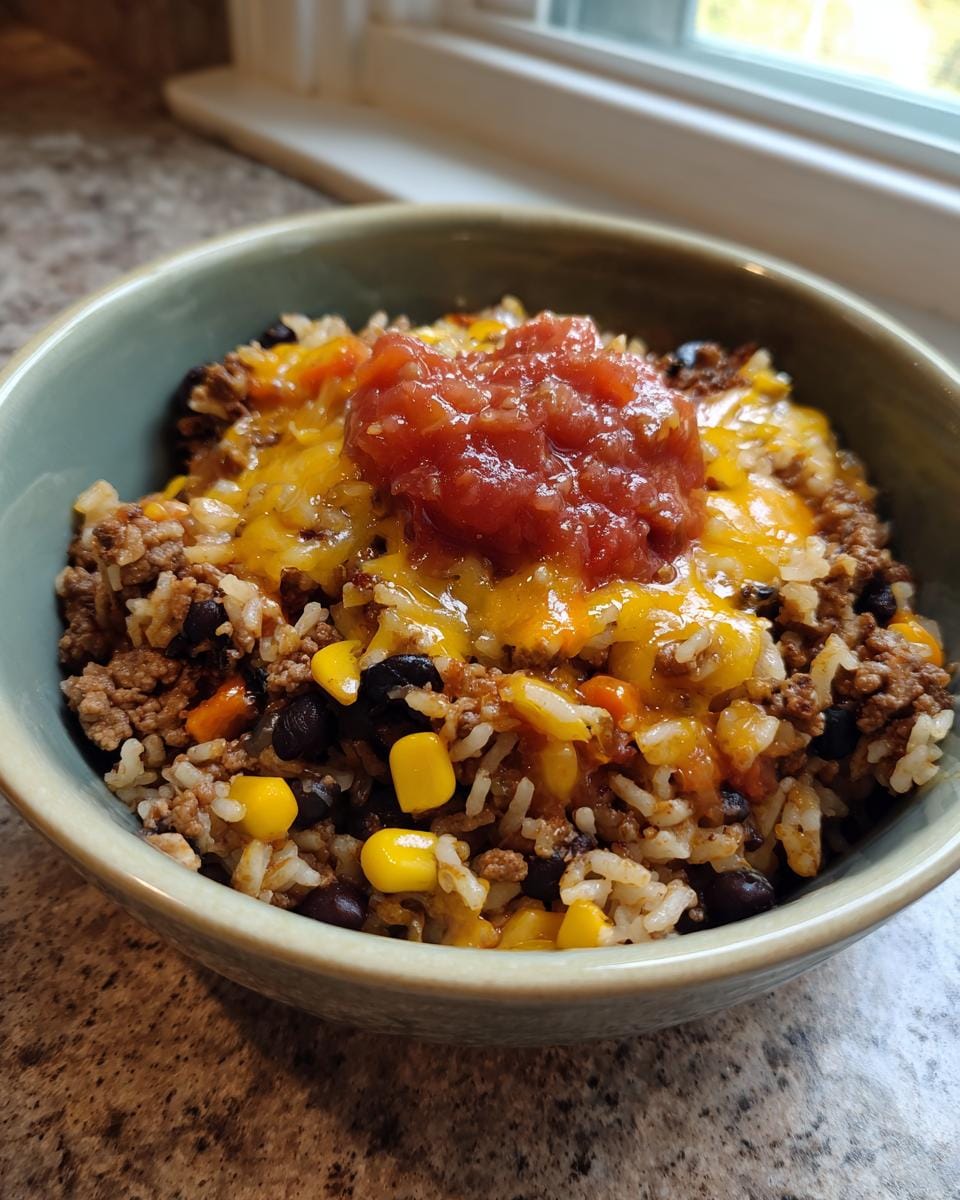 Nahaufnahme einer Einfache Taco-Reis-Bowl mit Rinderhackfleisch, Reis, Mais, Bohnen, Käse und Salsa.
