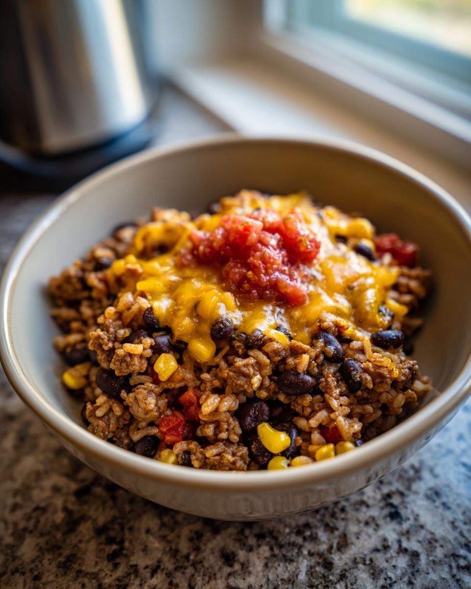 Nahaufnahme einer Einfache Taco-Reis-Bowl mit Reis, Bohnen, Mais, Käse und Salsa.